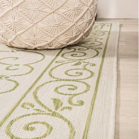 Charleston Vintage Filigree Textured Weave Cream/Green 5 ft. Round Indoor/Outdoor Area Rug