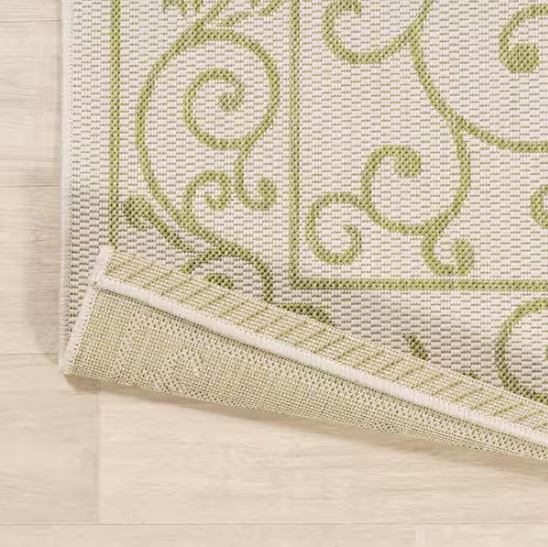 Charleston Vintage Filigree Textured Weave Cream/Green 5 ft. Round Indoor/Outdoor Area Rug
