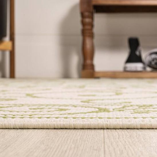 Charleston Vintage Filigree Textured Weave Cream/Green 5 ft. Round Indoor/Outdoor Area Rug