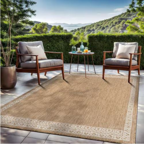 Frame Natural 6 ft. x 9 ft. Geometric Bordered Washable Indoor Outdoor Area Rug