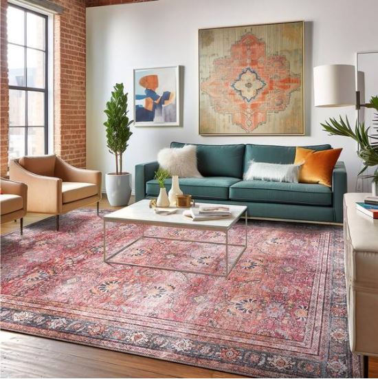 Amber Red 7 ft. 7 in. x 9 ft. 6 in. Vintage Inspired Machine Washable Non Slip Area Rug