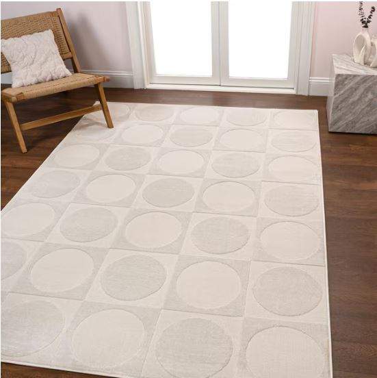 5 ft. x 8 ft. Helena Modern Geometric Circles In Squares High-Low White/Cream  Area Rug