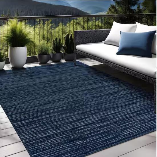 Linea Navy 8 ft. x 10 ft. Rubber Back Washable Modern Striped Indoor Outdoor Patio Area Rug