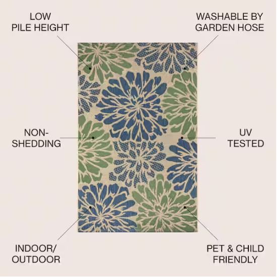Zinnia Navy/Green 8 ft. x 10 ft. Floral Indoor/Outdoor Area Rug