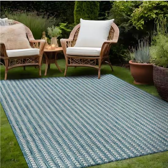 Arrow Aqua 8 ft. x 10 ft. Chevron Striped Washable Indoor Outdoor Area Rug