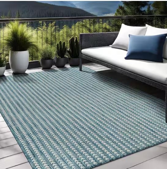 Arrow Aqua 8 ft. x 10 ft. Chevron Striped Washable Indoor Outdoor Area Rug
