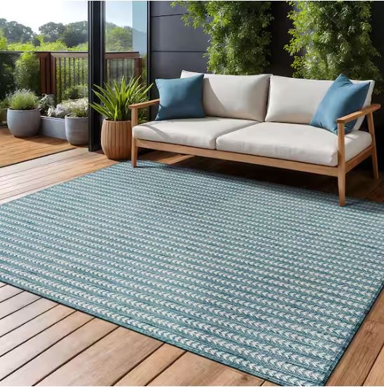 Arrow Aqua 8 ft. x 10 ft. Chevron Striped Washable Indoor Outdoor Area Rug