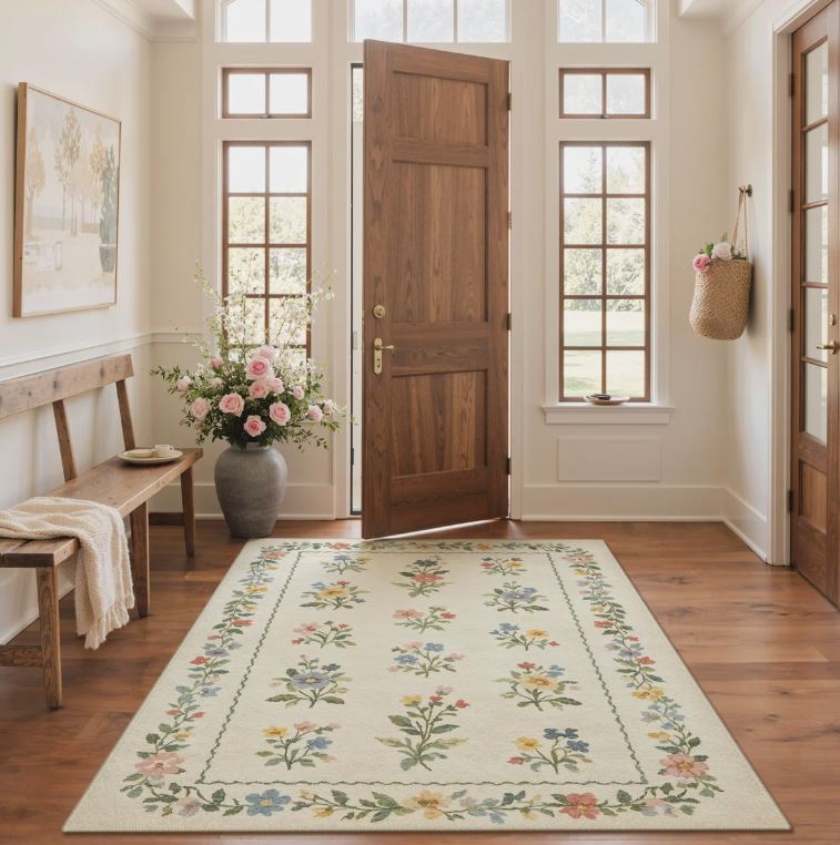 6x9 Abingdon Aaron Floral Area Rug, Machine Washable, Soft Faux Cashmere& Non-Slip Backing