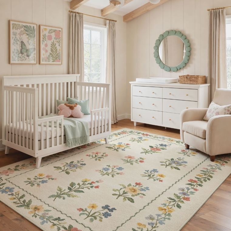 6x9 Abingdon Aaron Floral Area Rug, Machine Washable, Soft Faux Cashmere& Non-Slip Backing