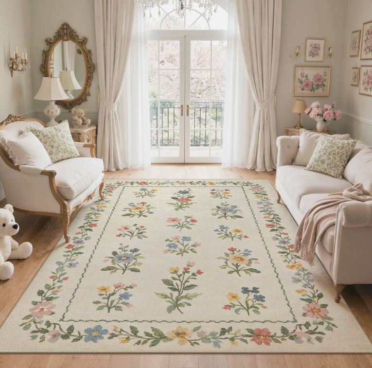 6x9 Abingdon Aaron Floral Area Rug, Machine Washable, Soft Faux Cashmere& Non-Slip Backing