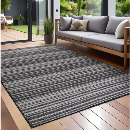 Waikiki Dark Grey/White 6 ft. x 9 ft. Stripe Indoor/Outdoor Area Rug