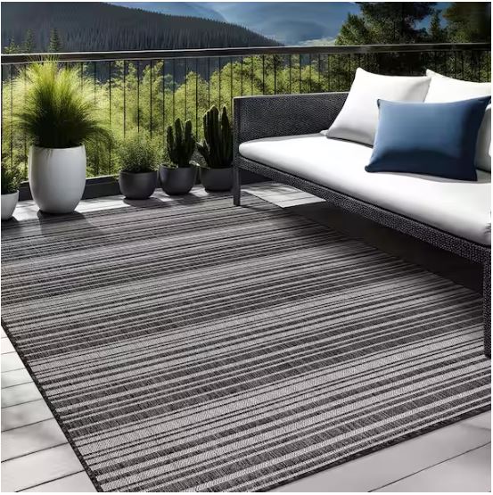 Waikiki Dark Grey/White 6 ft. x 9 ft. Stripe Indoor/Outdoor Area Rug