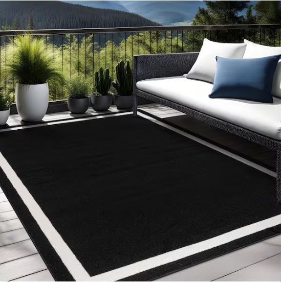 Aura Black 5x7 ft. Rubber Back Washable Modern Bordered Indoor Outdoor Area Rug