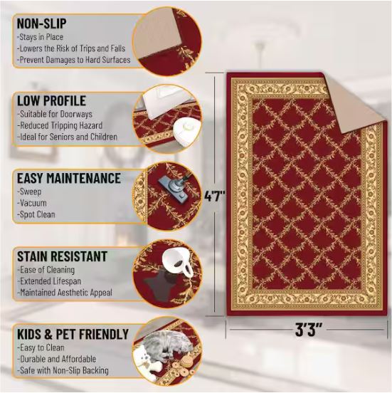 House Collection Non-Slip Rubberback Trellis Design 3 x 5 Indoor Area Rug, 3 ft. 3 in. x 4 ft. 7 in., Red Trellis
