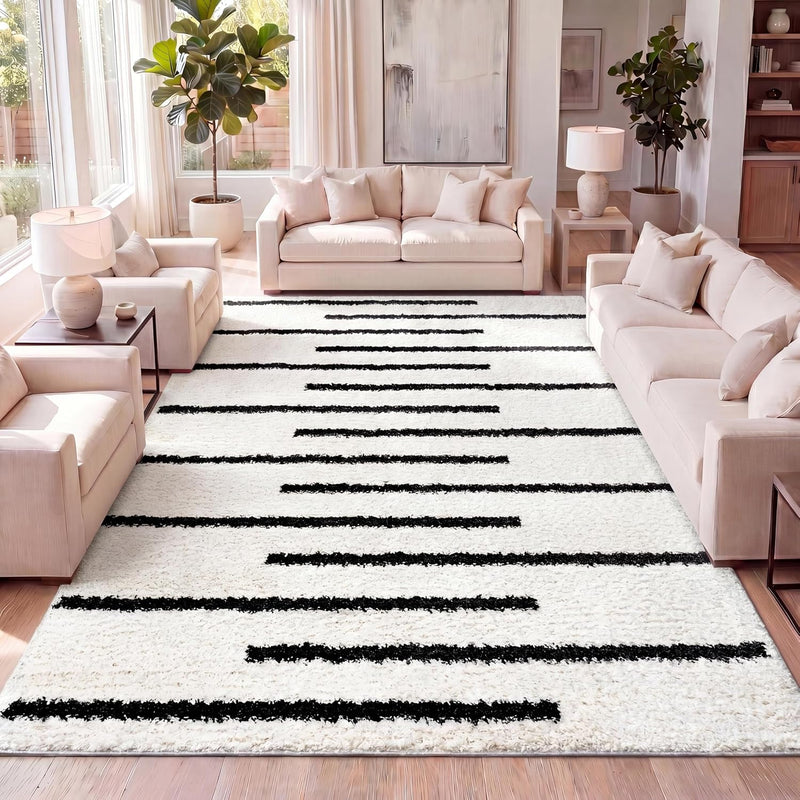 JONATHAN Y Alaro Berber Stripe Shag White/Gray Indoor Area Rug, 8x10, Bohemian, Contemporary, Easy-Cleaning for Living Room, Bedroom, Kitchen, Pet Friendly, Non-Shedding (MOH402A-8)