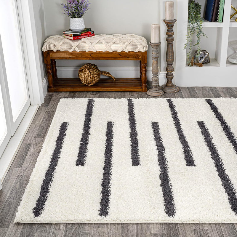 JONATHAN Y Alaro Berber Stripe Shag White/Gray Indoor Area Rug, 8x10, Bohemian, Contemporary, Easy-Cleaning for Living Room, Bedroom, Kitchen, Pet Friendly, Non-Shedding (MOH402A-8)