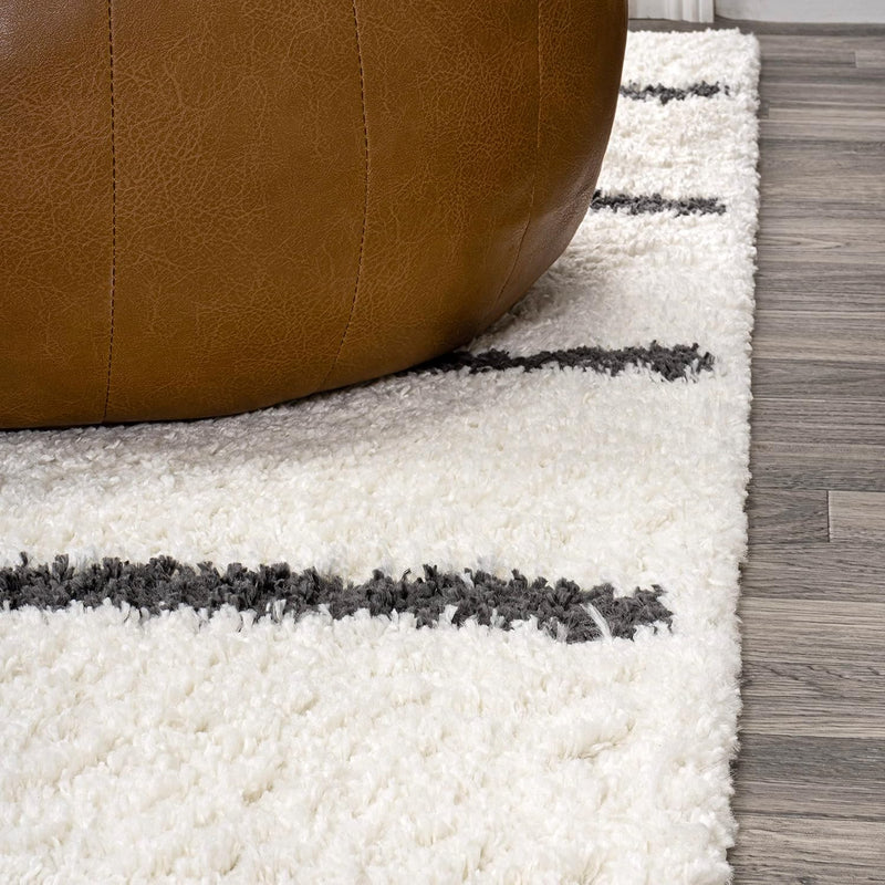 JONATHAN Y Alaro Berber Stripe Shag White/Gray Indoor Area Rug, 8x10, Bohemian, Contemporary, Easy-Cleaning for Living Room, Bedroom, Kitchen, Pet Friendly, Non-Shedding (MOH402A-8)