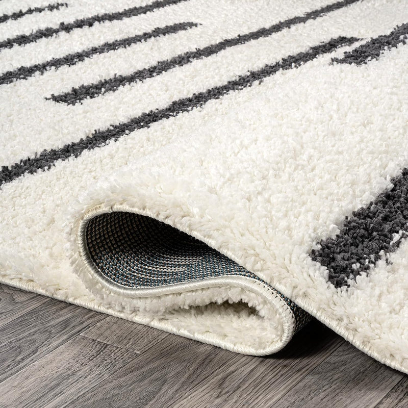 JONATHAN Y Alaro Berber Stripe Shag White/Gray Indoor Area Rug, 8x10, Bohemian, Contemporary, Easy-Cleaning for Living Room, Bedroom, Kitchen, Pet Friendly, Non-Shedding (MOH402A-8)