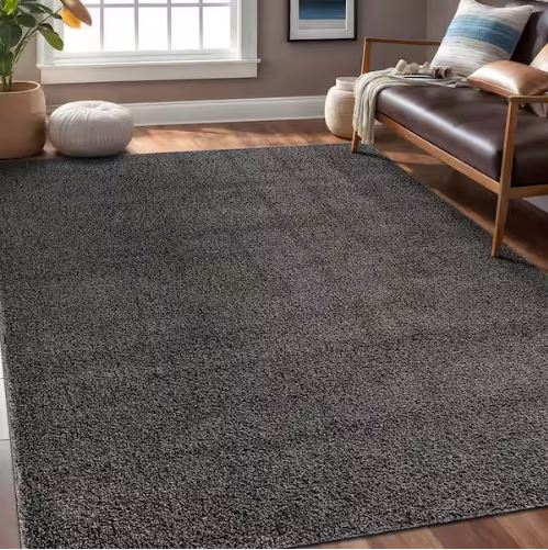 Silky Dark Gray 6 ft. x 9 ft. Solid Plus Thick Pile Non Slip Easy Clean Non Shedding Modern Indoor Area Rug