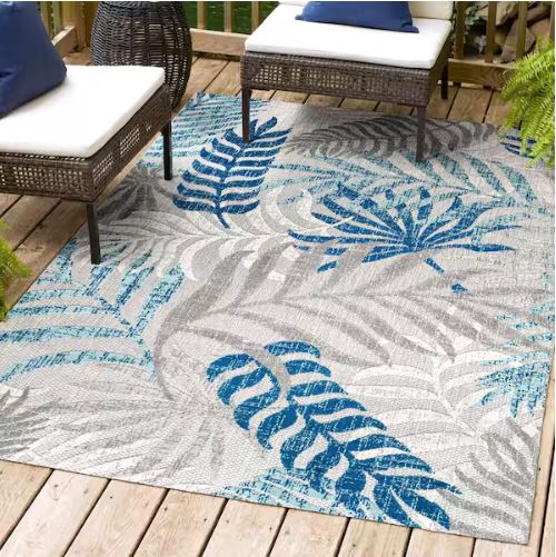 8 ft. x 10 ft. Tropics Palm Leaves Gray/Blue Indoor/Outdoor Area Rug