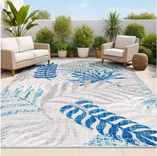 8 ft. x 10 ft. Tropics Palm Leaves Gray/Blue Indoor/Outdoor Area Rug