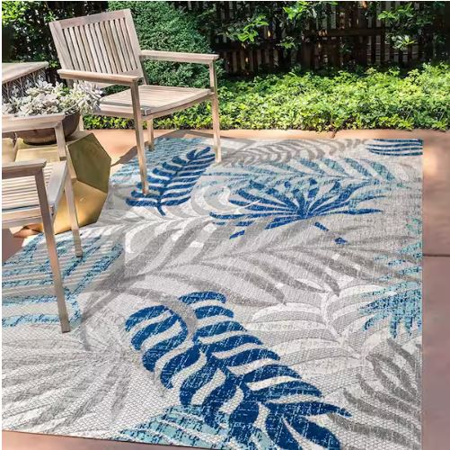 8 ft. x 10 ft. Tropics Palm Leaves Gray/Blue Indoor/Outdoor Area Rug