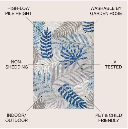 8 ft. x 10 ft. Tropics Palm Leaves Gray/Blue Indoor/Outdoor Area Rug