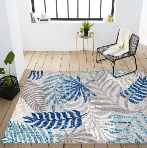 8 ft. x 10 ft. Tropics Palm Leaves Gray/Blue Indoor/Outdoor Area Rug