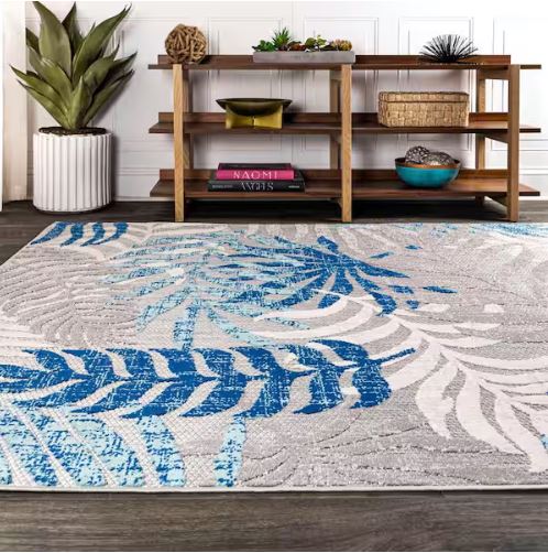8 ft. x 10 ft. Tropics Palm Leaves Gray/Blue Indoor/Outdoor Area Rug