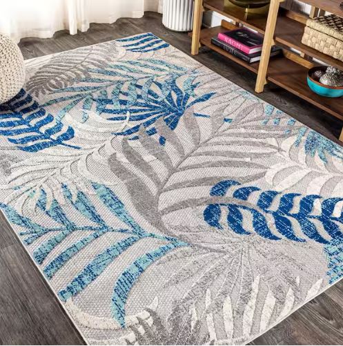 8 ft. x 10 ft. Tropics Palm Leaves Gray/Blue Indoor/Outdoor Area Rug