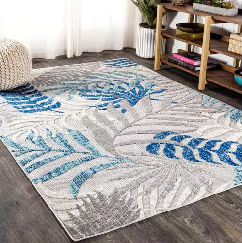 8 ft. x 10 ft. Tropics Palm Leaves Gray/Blue Indoor/Outdoor Area Rug