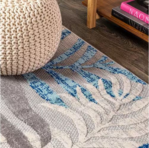 8 ft. x 10 ft. Tropics Palm Leaves Gray/Blue Indoor/Outdoor Area Rug
