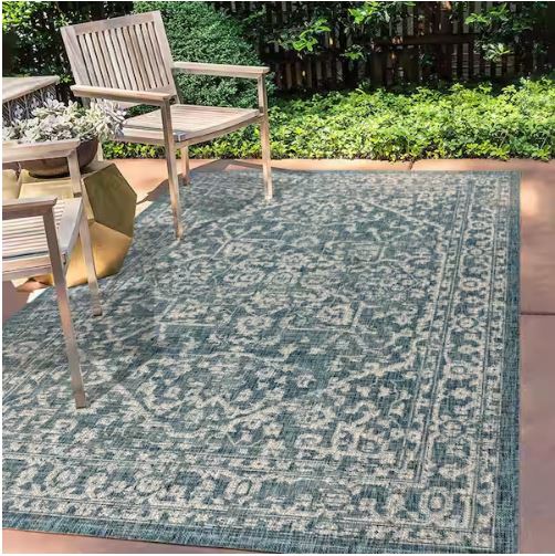 Malta Bohemian Medallion Teal/Gray 5 ft. 3 in. x 7 ft. 7 in. Textured Weave Indoor/Outdoor Area Rug