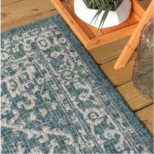 Malta Bohemian Medallion Teal/Gray 5 ft. 3 in. x 7 ft. 7 in. Textured Weave Indoor/Outdoor Area Rug