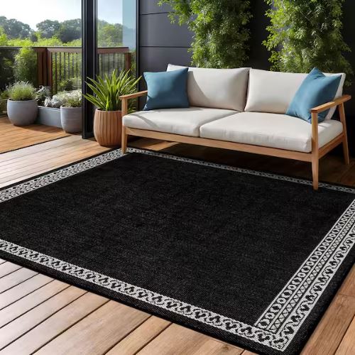 8 ft. x 10 ft. Frame Black Geometric Bordered Washable Indoor Outdoor Area Rug