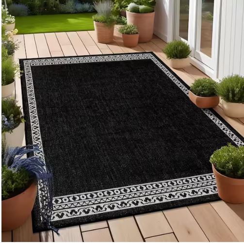 8 ft. x 10 ft. Frame Black Geometric Bordered Washable Indoor Outdoor Area Rug