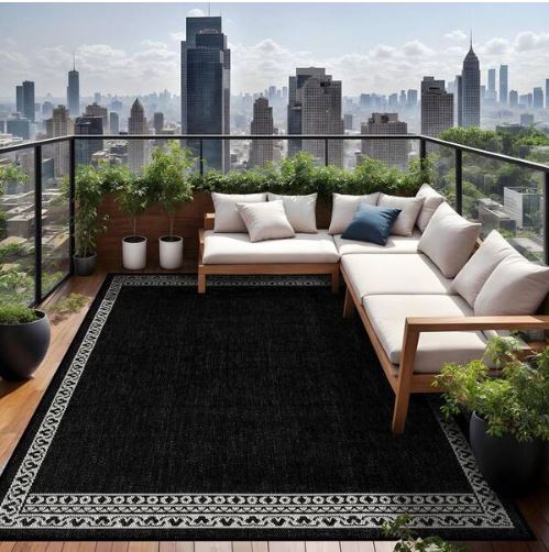 8 ft. x 10 ft. Frame Black Geometric Bordered Washable Indoor Outdoor Area Rug