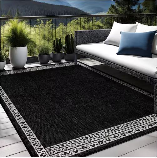 8 ft. x 10 ft. Frame Black Geometric Bordered Washable Indoor Outdoor Area Rug