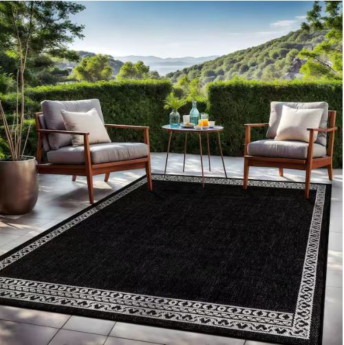 8 ft. x 10 ft. Frame Black Geometric Bordered Washable Indoor Outdoor Area Rug