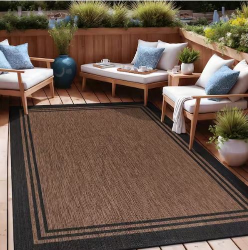9 X 12 Gold Black Aloha Washable Bordered Indoor Outdoor Area Rug