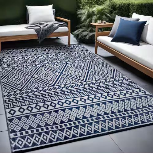 Lightweight White Navy 10 ft. x 14 ft. Moroccan Washable Trellis Reversible Indoor Outdoor Area Rug