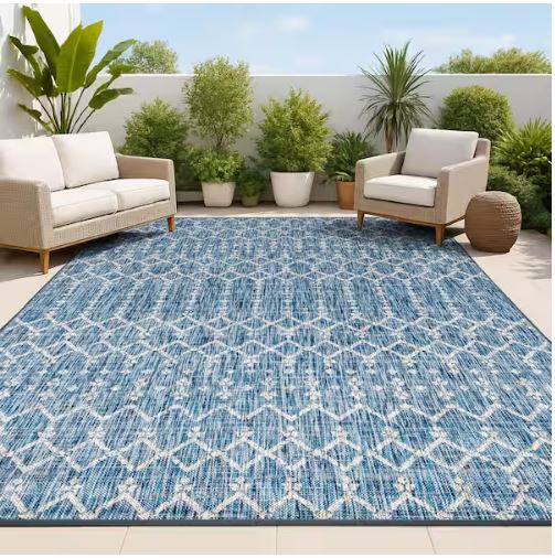 7 ft. 9 in. x 10 ft. Ourika Moroccan Navy/Light Gray Geometric Textured Weave Indoor/Outdoor Area Rug