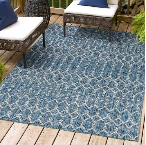7 ft. 9 in. x 10 ft. Ourika Moroccan Navy/Light Gray Geometric Textured Weave Indoor/Outdoor Area Rug