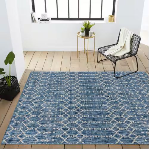 7 ft. 9 in. x 10 ft. Ourika Moroccan Navy/Light Gray Geometric Textured Weave Indoor/Outdoor Area Rug