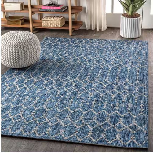 7 ft. 9 in. x 10 ft. Ourika Moroccan Navy/Light Gray Geometric Textured Weave Indoor/Outdoor Area Rug