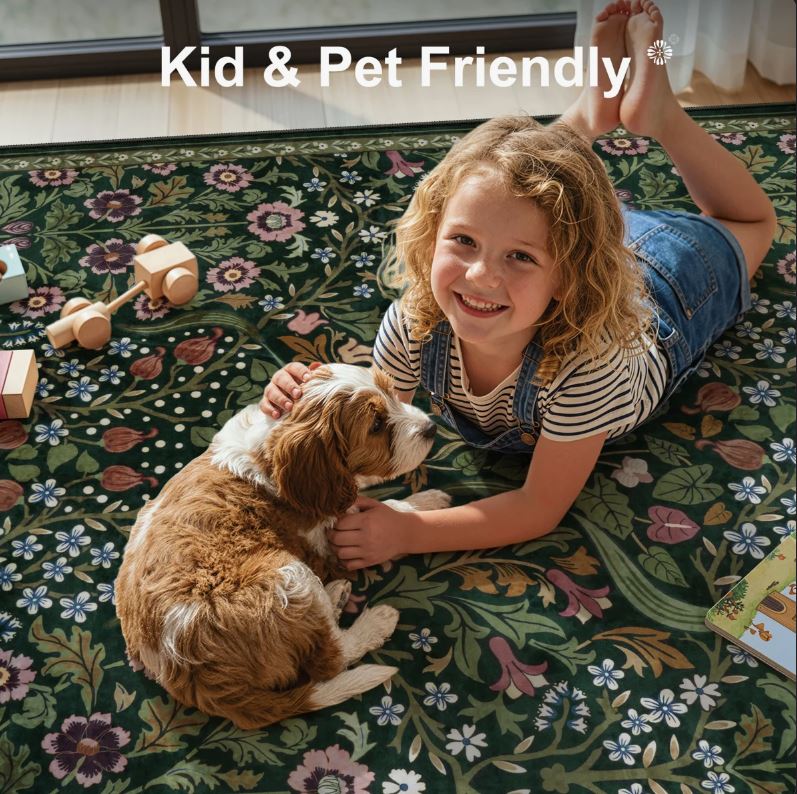 5' x 7' Kaldi Floral Washable Area Rug – Intricate Nature-Inspired Design, Non-Slip Soft Floor Mat for Living Room, Bedroom, and Entryway