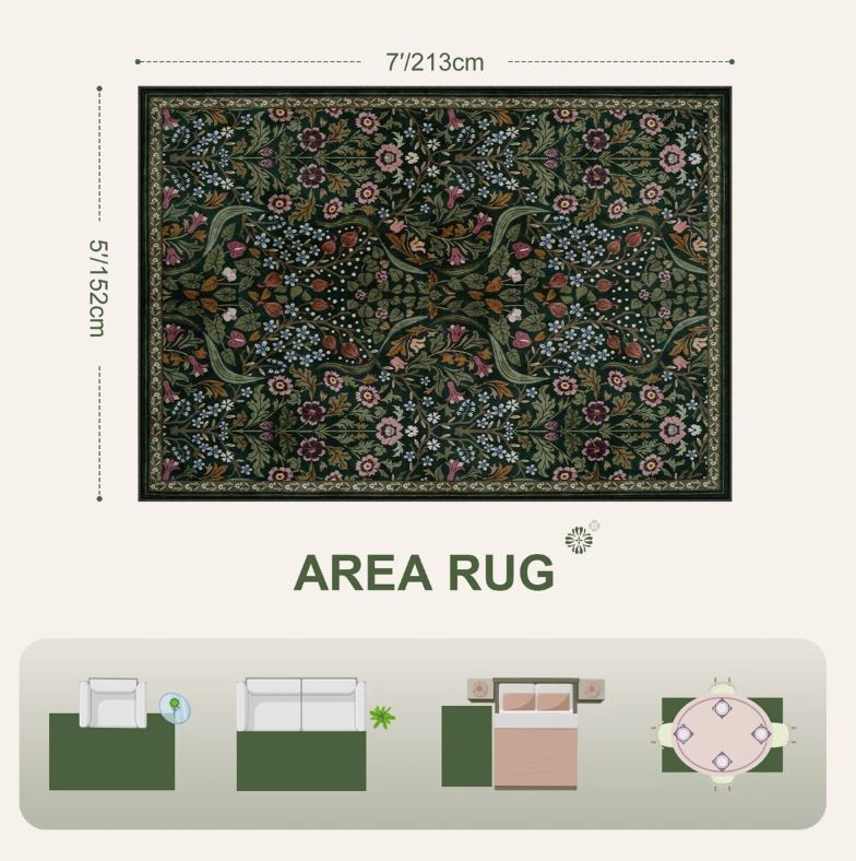 5' x 7' Kaldi Floral Washable Area Rug – Intricate Nature-Inspired Design, Non-Slip Soft Floor Mat for Living Room, Bedroom, and Entryway