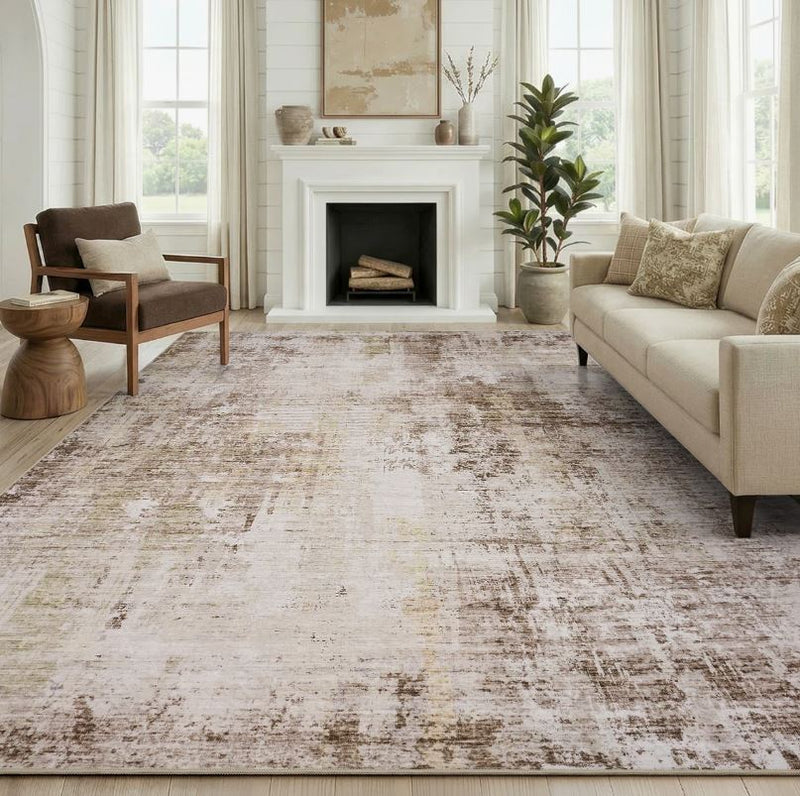 8' x 10' Distressed Modern Abstract Machine Washable Area Rug in Earth Tone Brown for Living Room or Bedroom