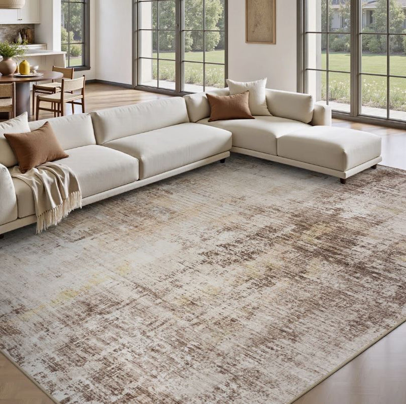 8' x 10' Distressed Modern Abstract Machine Washable Area Rug in Earth Tone Brown for Living Room or Bedroom