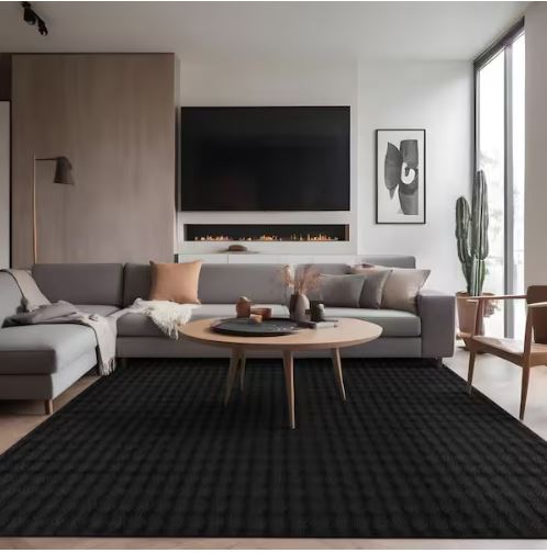 Aurora 8 ft. x 10 ft. Black Non-Slip Rubber Back Washable Polyester Checker Indoor Area Rug